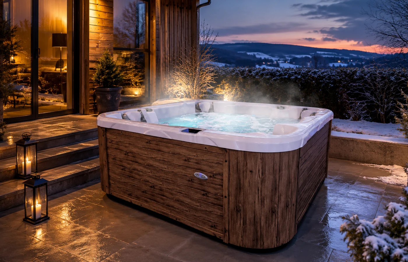 Outdoor Whirlpool im Ganzjahresbetrieb mit verschiedenen Sitz- und Liegepositionen