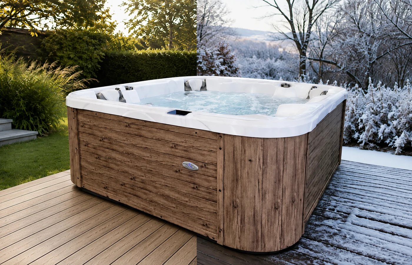 Outdoor Whirlpool im Garten im Vergleich zwischen Sommer und Winter