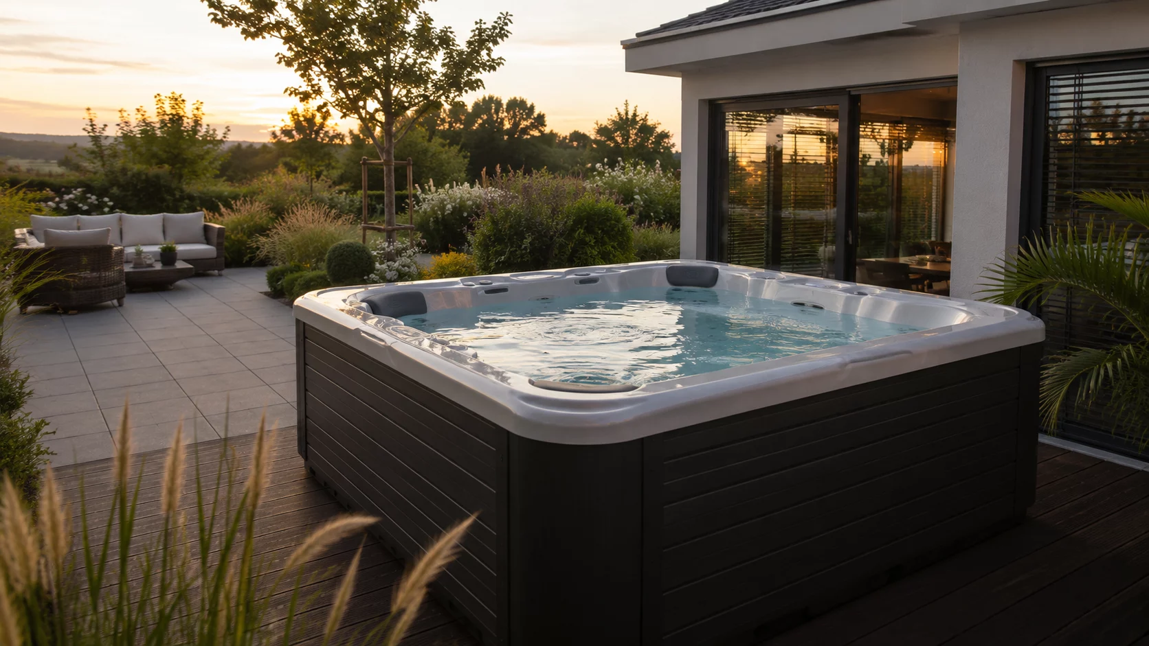 Outdoor Whirlpool auf moderner Gartenterrasse