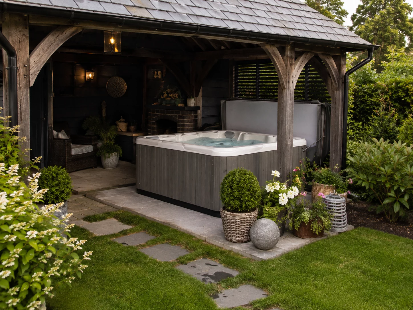 Outdoor Whirlpool im Garten unter einem Pavillon